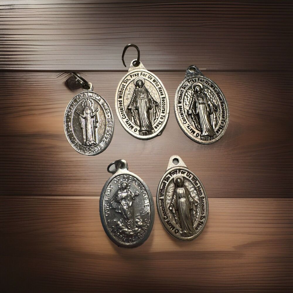 Lot 5 Marian Catholic Medals Miraculous Medal Our Lady Medjugorje Silver Tone